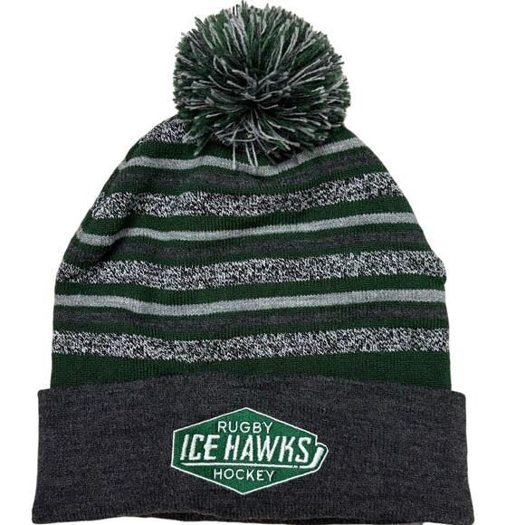 CapAmerica Rugby Ice Hawks Hockey Pom Beanie Green Gray Knit Hat NWT Winter ❄️ - Picture 1 of 6